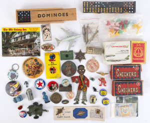 SMALL TOYS, GAMES, MODELS & BADGES: eclectic array with domino and checker sets, early 1900s DRGM (Germany) jointed tin plate figure of African-American saxophonist (missing spring/parts but rare), German made promotional dexterity toy for A.Edments Suppl