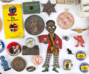 SMALL TOYS, GAMES, MODELS & BADGES: eclectic array with domino and checker sets, early 1900s DRGM (Germany) jointed tin plate figure of African-American saxophonist (missing spring/parts but rare), German made promotional dexterity toy for A.Edments Suppl - 2