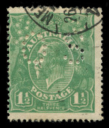 AUSTRALIA: KGV Heads - Single Watermark: 1&frac12;d Green punctured 'OS' Electro 12 variety "Cracked Electro through leg of Kangaroo" (early state) [12R22],&nbsp;tidy Melbourne datestamp well clear of the flaw, BW:88ba(12)n -&nbsp;Cat. $450.