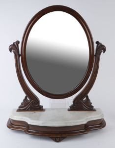 An antique English toilet mirror, carved mahogany and marble, 19th century, 90cm high, 69cm wide, 28cm deep