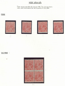 AUSTRALIA: KGV Heads - Small Multiple Watermark Perf 13½ x 12½: Specialist 1½d Red collection, on annotated pages some showing lovely pen & ink 'magnified' illustrations of included varieties. Plenty of better mint items incl. perf 'OS' "Dry ink" block of 4 unused (no gum), Booklet Panes of 6 (2, Wmk Upright & Wmk Inverted), SLURRED PRINTING single & part imprint pair MUH, plate varieties with "'ST' of 'POSTAGE' joined" State II with "Scratch through left value shield" (tonespots on gum)