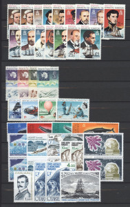 ANTARCTICA: Collection in stockbook mostly MUH with AAT 1957-1987 incl. pre-decimals complete (duplication to x4), decimals with 1966-68 Pictorial sets (3), other sets in multiples incl 1973 Pictorials to $1 Sperm Whale gutter block of 12, 1984 Scenes to $1 Penguins block of 8; other Antarctic issues from BAT & Argentina plus a few non-Antarctic issues from Australia and Kiribati (few 100s)