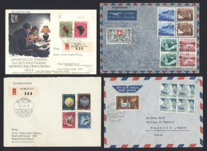 SWITZERLAND: 1940s-70s FDCs and philatelic covers including 1948 Winter Olympic Games set registered with 'ST MORITZ/30.1.48' commemorative Olympic cancel, 1953 Pro Patria Emigrants' Fund set in pairs (single 5c+5c) FDC, 1953 40c Zurich Airport block of 4 on registered FDC, 1955 Pro Patria set on registered FDC