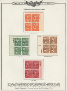 UNITED STATES OF AMERICA: 1938-1950 mint blocks of 4 in Minkus 'Plate Block Album' with 1938 Prexies ½c to 16c (plus 17c to 50c in non-plate blocks), 1943-44 Overrun Countries with 'country name' marginal inscriptions complete, 1944-50 issues complete in plate blocks, fine mint with some units MUH.