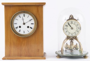 A French time and strike spring wound clock movement with outside count wheel, white enamel dial with "Breguet" style moon hands and "Brocot" time adjustment above the XII. Fitted in a later Kauri pine case, (missing pendulum); together with a 400 day ann