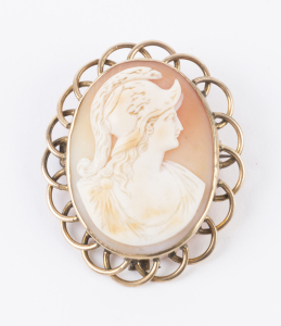 An antique cameo brooch with classical profile portrait set in rose gold, late 19th century, stamped "9ct", 4.5cm high