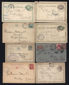 WORLD - General & Miscellaneous Lots: POSTAL STATIONERY - 1890s TO EARLY 1900s WORLD ARRAY: mostly Postal Cards addressed to "Pearson Pottery" in Hanley, Staffs, England, few AUSTRALIA with NSW (3, plus uprated Lettercard), Queensland (3) & Western Australia; BRITISH COMMONWEALTH with Barbados (4), Bermuda (2), Canada (4) plus Newfoundland (3, one with TILT COVE datestamp), Ceylon (3), Cyprus, Gibraltar (4, one with 1889 GIBRLATAR/SOUTH DISTRICT datestamp), plus optd 'MOROCCO AGENCIES' with CAS