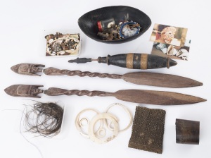 Balance of collection, assorted tribal adornments, currency shell money, beads and feathers, bowl lime gourd etc, Papua New Guinea, (13 items)