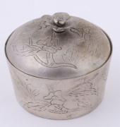 Two Chinese silver lidded pots with flower finials, 20th century, (2 items), the larger 5cm high, 95 grams total - 5