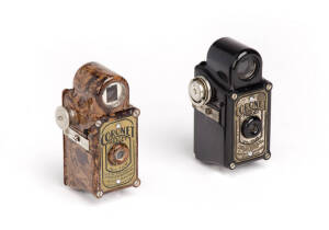 CORONET: c1935 Midget bakelite cameras in brown and black. (2 cameras).