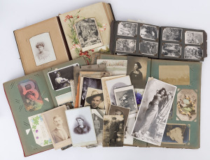 Consignment remainder in carton including postcards, some in albums, old photos, incl. an album of WW2-era military snaps on Labuan, old documents, etc. Untidy and very mixed condition. (qty).