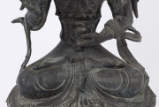 A Tibetan bronze seated Amitayus statue on a double lotus base, holding a cup in his left hand and a lotus in his right, Kangxi period, Qing Dynasty, early 18th century, six character Tang style mark to back, ​38cm high - 4