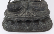 A Tibetan bronze seated Amitayus statue on a double lotus base, holding a cup in his left hand and a lotus in his right, Kangxi period, Qing Dynasty, early 18th century, six character Tang style mark to back, ​38cm high - 5