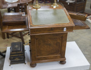 GILLOWS antique English burr walnut Davenport, handsomely fitted with pull-front writing slope, stationary drawer, ink and pen drawer and book rest slide. Original Bramah locks and keys with Gillows' signature melon feet with sunken casters. Stamped "GILL - 5