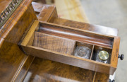 GILLOWS antique English burr walnut Davenport, handsomely fitted with pull-front writing slope, stationary drawer, ink and pen drawer and book rest slide. Original Bramah locks and keys with Gillows' signature melon feet with sunken casters. Stamped "GILL - 8