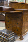 GILLOWS antique English burr walnut Davenport, handsomely fitted with pull-front writing slope, stationary drawer, ink and pen drawer and book rest slide. Original Bramah locks and keys with Gillows' signature melon feet with sunken casters. Stamped "GILL - 10