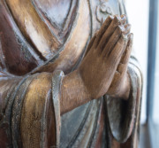 A LOHAN tall standing Chinese figure, carved and painted wood with inset glass eyes, Suzhou, Jiangsu, Ming Dynasty. 182cm high. Note: Exhibited at The Art Gallery of South Australia "AWAKENING THE ART OF BUDDHISM", Dec. 2016 to Oct. 2017. PROVENANCE: The - 6