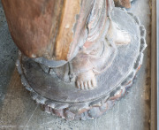 A LOHAN tall standing Chinese figure, carved and painted wood with inset glass eyes, Suzhou, Jiangsu, Ming Dynasty. 182cm high. Note: Exhibited at The Art Gallery of South Australia "AWAKENING THE ART OF BUDDHISM", Dec. 2016 to Oct. 2017. PROVENANCE: The - 9