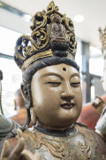 GUANYIN antique Chinese "Water Moon" seated statue, carved wood with polychrome finish and inset glass eyes, Ming Dynasty, Wan-Li period 16/17th century, 123cm high. PROVENANCE: The Judith Heaven an the late Barrie Heaven collection, South Australia. - 2