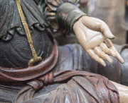 GUANYIN antique Chinese "Water Moon" seated statue, carved wood with polychrome finish and inset glass eyes, Ming Dynasty, Wan-Li period 16/17th century, 123cm high. PROVENANCE: The Judith Heaven an the late Barrie Heaven collection, South Australia. - 4