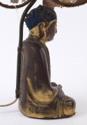 A vintage Chinese table lamp and shade with carved Buddha base and original shade with an antique Mandarin hat button, early 20th century, 51cm high overall - 5