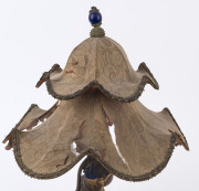 A vintage Chinese table lamp and shade with carved Buddha base and original shade with an antique Mandarin hat button, early 20th century, 51cm high overall - 6