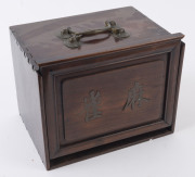 A Chinese marine ivory and bone Mah-jong set in a hardwood table cabinet with a sliding door opening to reveal five drawers with a complete set of hand painted pieces. The hardwood box has double bronze handles. Chinese character marks with the original o - 2