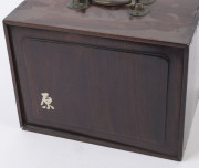 A Chinese marine ivory and bone Mah-jong set in a hardwood table cabinet with a sliding door opening to reveal five drawers with a complete set of hand painted pieces. The hardwood box has double bronze handles. Chinese character marks with the original o - 3