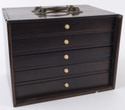 A Chinese marine ivory and bone Mah-jong set in a hardwood table cabinet with a sliding door opening to reveal five drawers with a complete set of hand painted pieces. The hardwood box has double bronze handles. Chinese character marks with the original o - 4