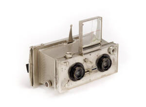 GALLUS (France): Stereo camera, c1925, [#9321] rigid "jumelle" style nickel-plated aluminium body for stereo exposures on 60x120mm plates. With Perigraphie Serie VI f6.8 65mm lenses.