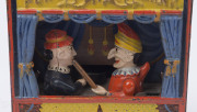 "PUNCH AND JUDY BANK" American painted cast iron novelty money bank, marked "BUFFALO NY-USA, PAT'd in U.S. JULY 15th 84", late 19th century, 19cm high, - 2