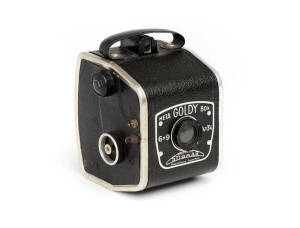 GOLDSTEIN (France): Goldy Meta Box, c1949, vertically-styled aluminium box camera with tapered front.