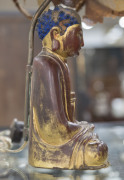 A vintage Chinese table lamp and shade with carved Buddha base and original shade with an antique Mandarin hat button, early 20th century, 51cm high overall - 10