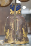 A vintage Chinese table lamp and shade with carved Buddha base and original shade with an antique Mandarin hat button, early 20th century, 51cm high overall - 11