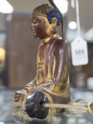 A vintage Chinese table lamp and shade with carved Buddha base and original shade with an antique Mandarin hat button, early 20th century, 51cm high overall - 12