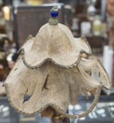 A vintage Chinese table lamp and shade with carved Buddha base and original shade with an antique Mandarin hat button, early 20th century, 51cm high overall - 14