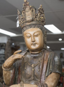 GUANYIN antique Chinese Bodhisattva seated statue, carved wood with polychrome finish and inset glass eyes, Ming dynasty Wan-Li period 16/17th century. 130cm high. PROVENANCE: The Judith Heaven an the late Barrie Heaven collection, South Australia. - 2