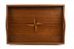 An Australian serving tray, silky oak with cedar and pine star motif, Queensland origin, early 20th century, 53cm across the handles