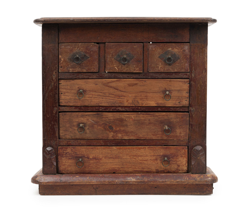 An Australian Folk Art miniature chest of drawers, cedar and pine, 1890s Depression Era, 41cm high, 42cm wide, 18cm deep