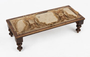 An Australian cedar footstool with turned legs and upholstered top, 19th century, ​23cm high, 75cm wide, 32cm deep