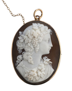 ADOLPH KOPP rare cameo brooch beautifully carved with female profile portrait adorned with grapes and leaves, mounted in 9ct yellow gold, late 19th century. Kopp operated from Fremantle and Perth in Western Australia in the late 19th and early 20th century. He died in 1905 and his wife then married his brother and continued the business. Sadly anti-German sentiment at the outbreak of WW1 saw mobs attack the shop and it was finally closed down in 1916. 6cm high