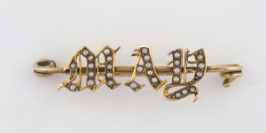 F.A. FLINT name brooch, 15ct yellow gold set with seed pearls to read "MAY", circa 1900, in original velvet case marker "F.A. Flint Watchmaker & Jeweller, Hobart", 4.5cm wide, 3.3 grams total