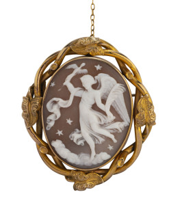 LAMBORN & WAGNER (attributed) fine cameo brooch with winged goddess floating through the sky, set in 9ct yellow gold, Melbourne, circa 1860, 5.5cm high
