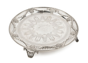 MALLEE VICTORIA INTEREST. A fine antique sterling silver tray on four raised and pierced feet decorated with garlands, engraved "Presented With Claret Jug To DONALD McLELLAN ESQUIRE Of Cove Victoria By Residents In The MALLEE and TATIARA Districts As A To