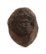 WILLIAM RICKETTS pottery face plaque with bronzed finish, incised "Wm. Ricketts", 16cm high