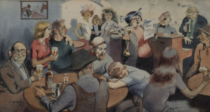 ROBERT YOUNG (1926-2018), The Singing Competition, watercolour, signed lower left "R. Young", Five Ways Galleries label verso, 20 x 36cm