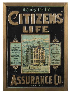 CITIZENS' LIFE ASSURANCE CO. circa 1900, lithographic embossed metal sign depicting the head office "Corner of Moore & Castlereagh Sts., Sydney. "The Greatest Industrial Life Office of Australasia. Over 200,000 Policy Holders." 47 x 34cm. Incorporated in 1886, the company changed its name to Mutual Life and Citizens Assurance Co Ltd in 1908.