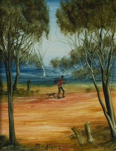 PRO HART (1928-2006), swagman and dog, oil on board, signed lower centre "Pro Hart", 24 x 18cm