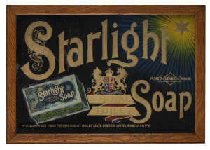 "STARLIGHT - The Royal Toilet SOAP" circa 1910, point-of-sale advertisement on glass for Lever Brothers, Sydney N.S.W. Gilt and colours in very good condition in period timber frame, overall 46.5 x 67cm.