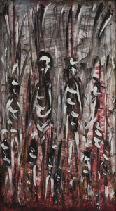 RING (?), Untitled (aboriginal men), acrylic on board, signed and dated "Ring '67" lower left, 71 x 40cm.